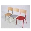 Three Lato-1 side chairs with natural wood veneer backs and natural, grey and red finished seats